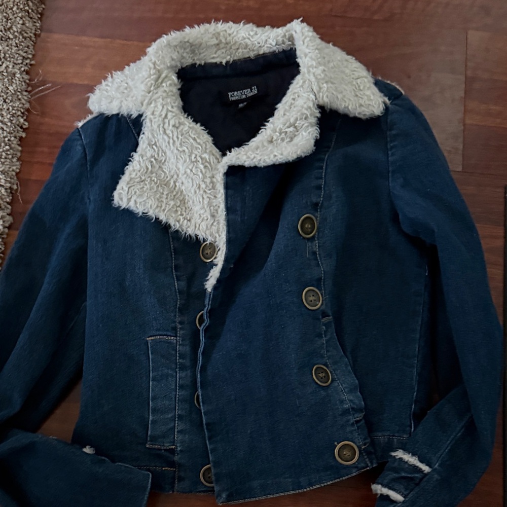 Forever 21 Dark Blue Denim Jacket with White Faux Shearling - Picture 1 of 1